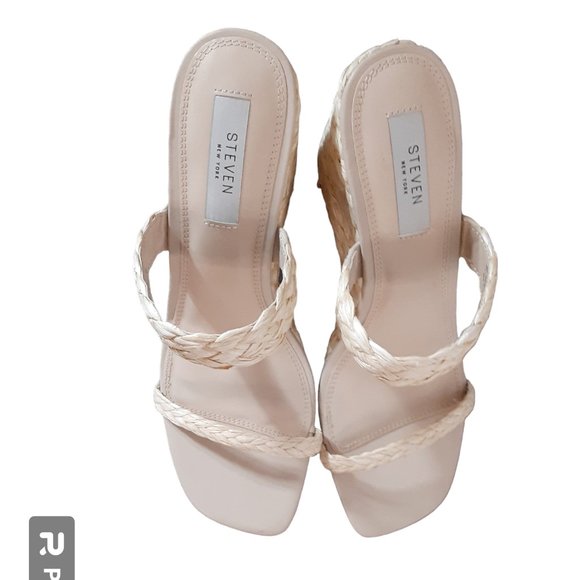 Steven New York Raffia Wedge Sandals Slide Cream Vacation Heels - Picture 1 of 12